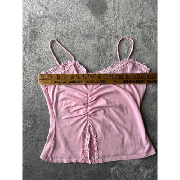 Vintage Y2K Pink Cami Tank Top Large USA Ruched Lace Fairy Dainty Stretchy 2000s - Picture 10 of 13